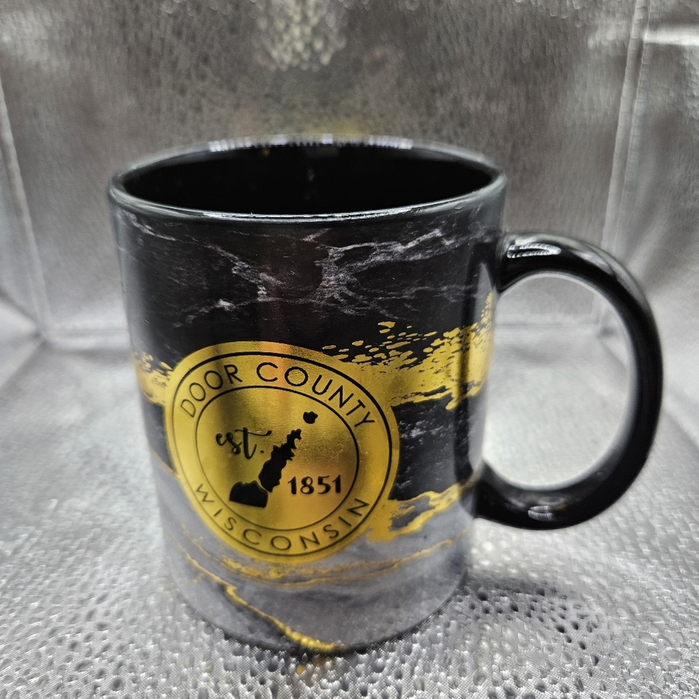 Door County Wisconsin Black and Gold Metallic Marble Print Mug